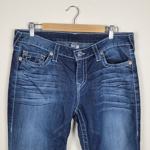 True Religion Jeans 33 Blue Denim Natural Big T Bobby Y2K Thick Stitch Straight - Picture 2 of 10